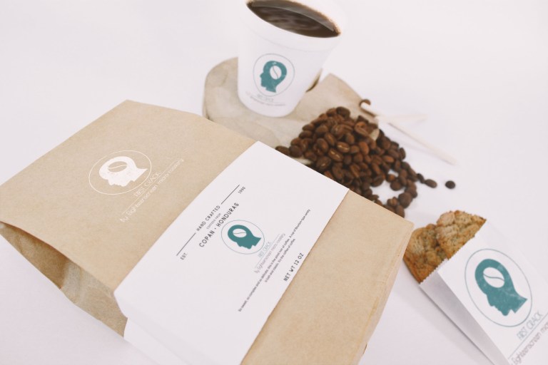 08 Coffee Bag and Cup Mockup Perspective Top View